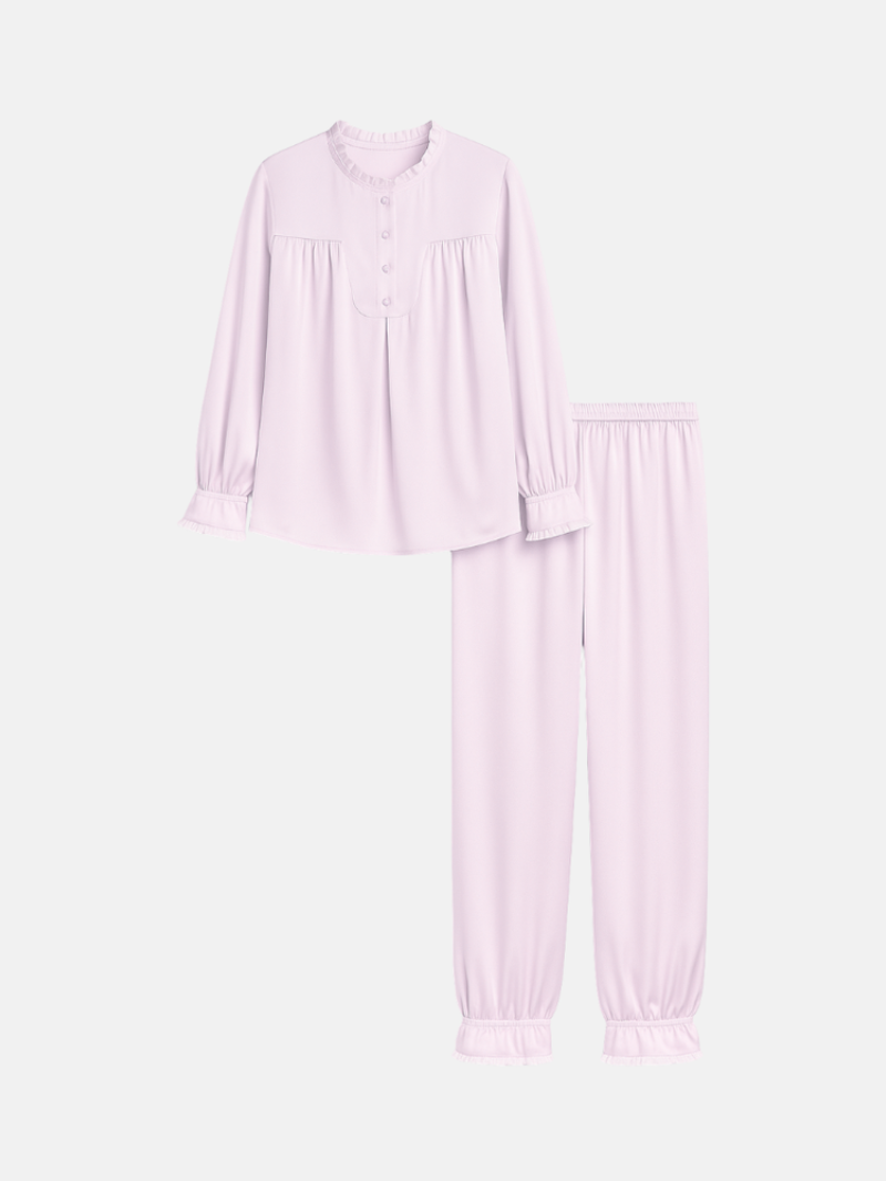 Women’s 100% Mulberry Silk Pajama Set – Long Sleeve with Ruffle Collar and Cuffs
