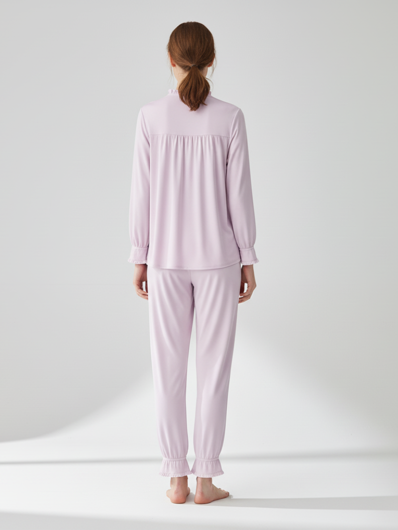 Women’s 100% Mulberry Silk Pajama Set – Long Sleeve with Ruffle Collar and Cuffs