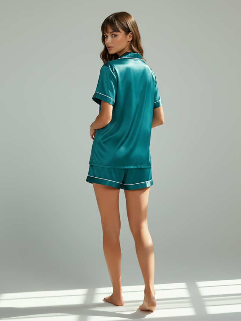 Ice Silk Satin Pajamas for Couples – Short-Sleeved Sleepwear for Women and Men