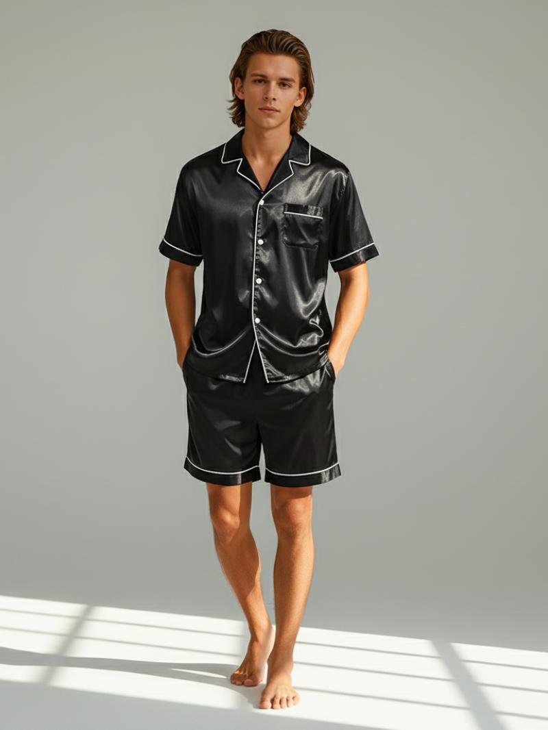 Ice Silk Satin Pajamas for Couples – Short-Sleeved Sleepwear for Women and Men