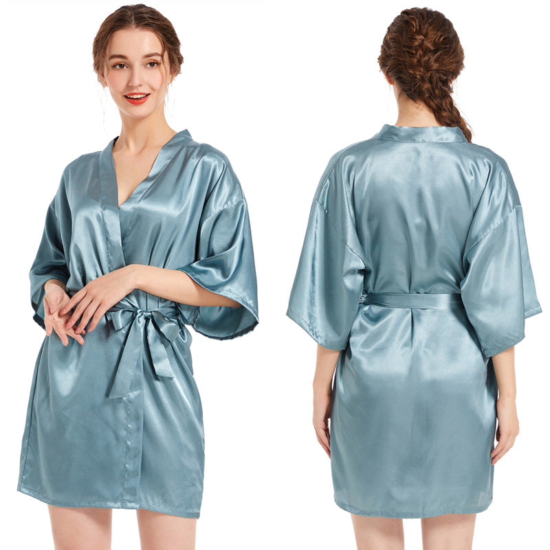 Women's Satin Bathrobe Nightgown – Short Glossy Summer Robe with Twist Design