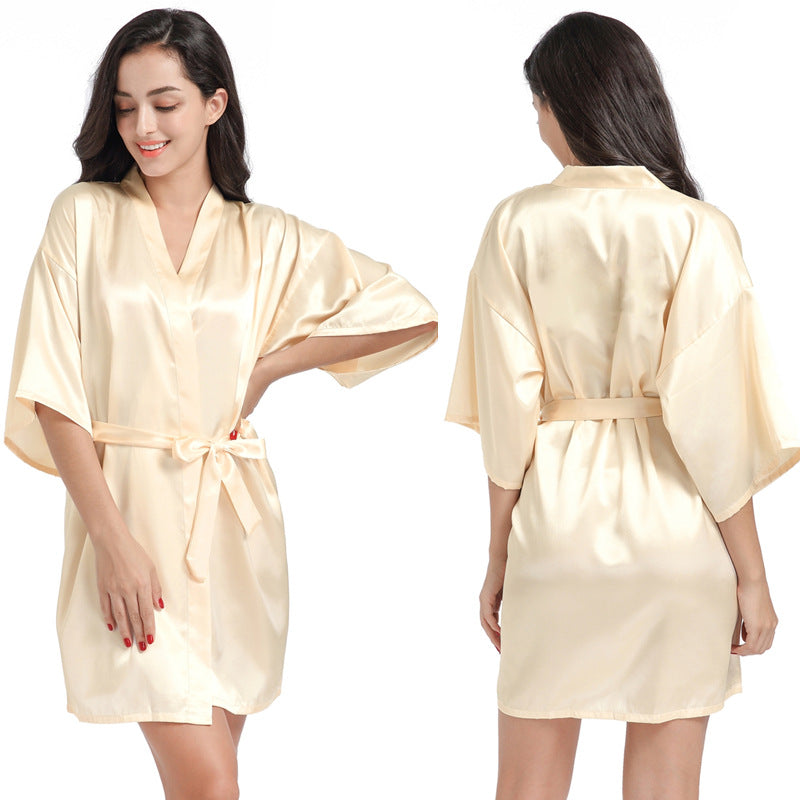 Women's Satin Bathrobe Nightgown – Short Glossy Summer Robe with Twist Design