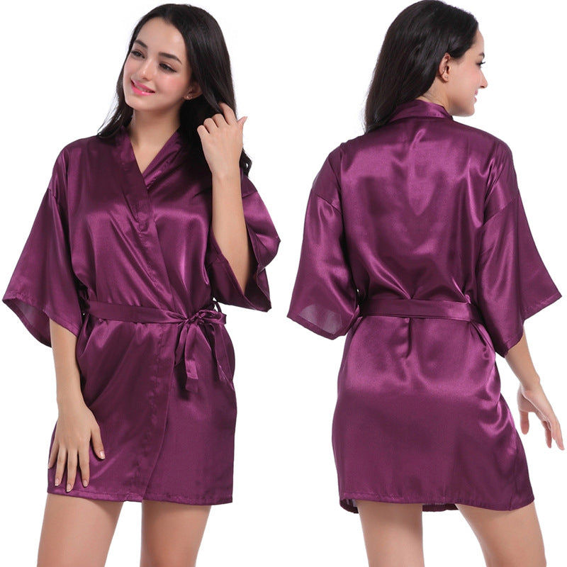 Women's Satin Bathrobe Nightgown – Short Glossy Summer Robe with Twist Design