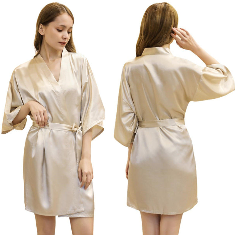 Women's Satin Bathrobe Nightgown – Short Glossy Summer Robe with Twist Design