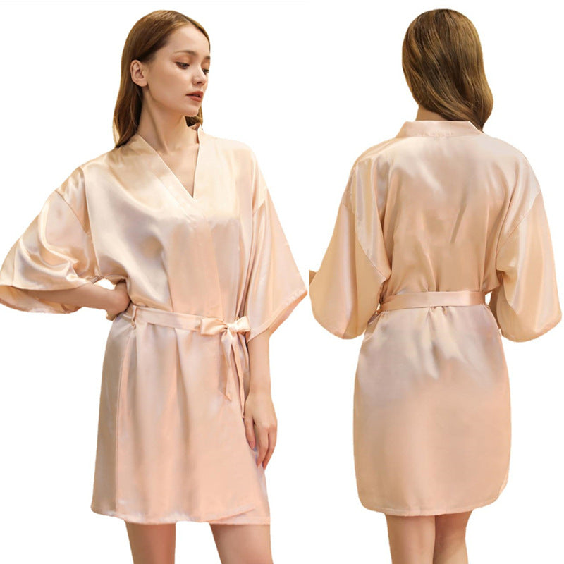 Women's Satin Bathrobe Nightgown – Short Glossy Summer Robe with Twist Design