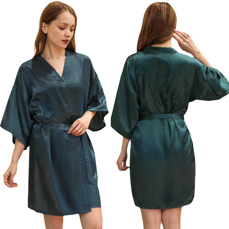 Women's Satin Bathrobe Nightgown – Short Glossy Summer Robe with Twist Design