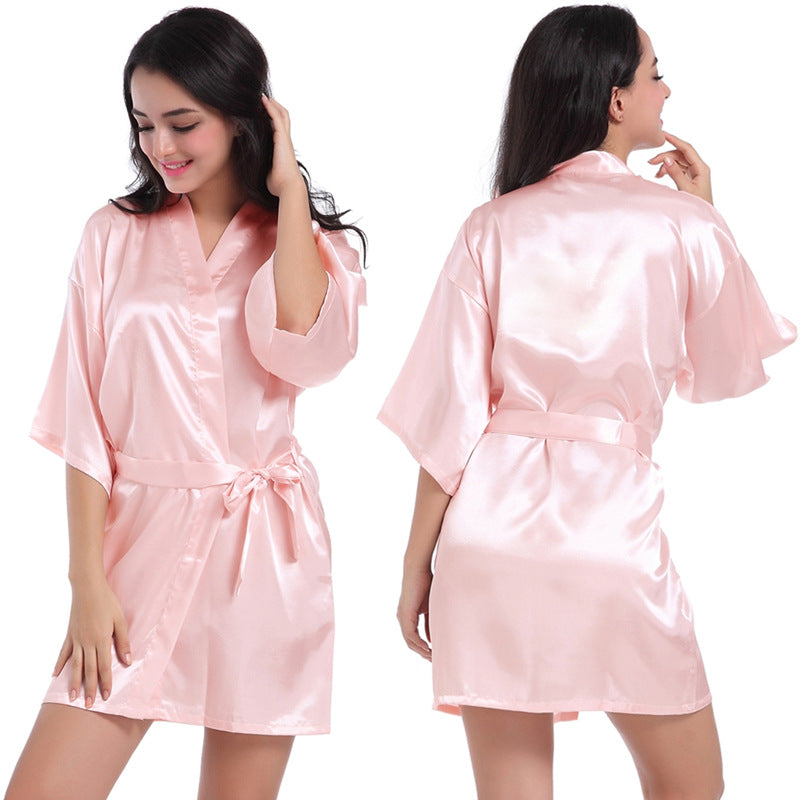 Women's Satin Bathrobe Nightgown – Short Glossy Summer Robe with Twist Design