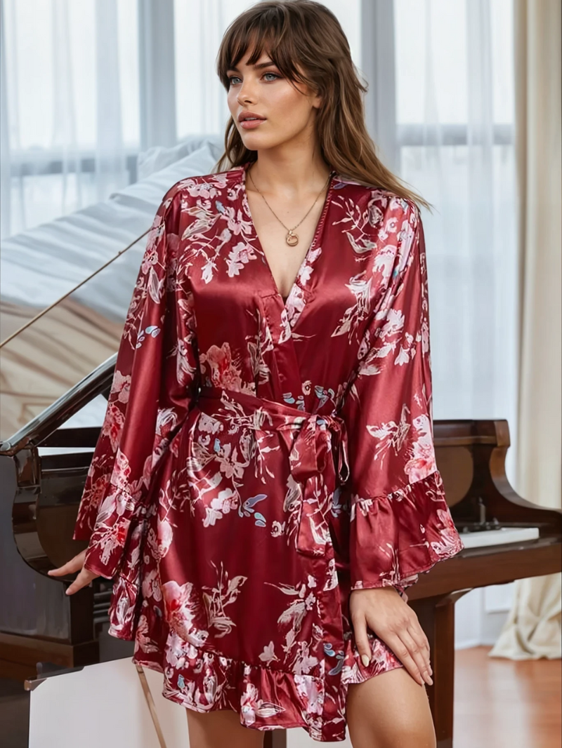 Autumn-Winter 4pcs Elegant Printed Silk Contrast Lace Sleepwear Set
