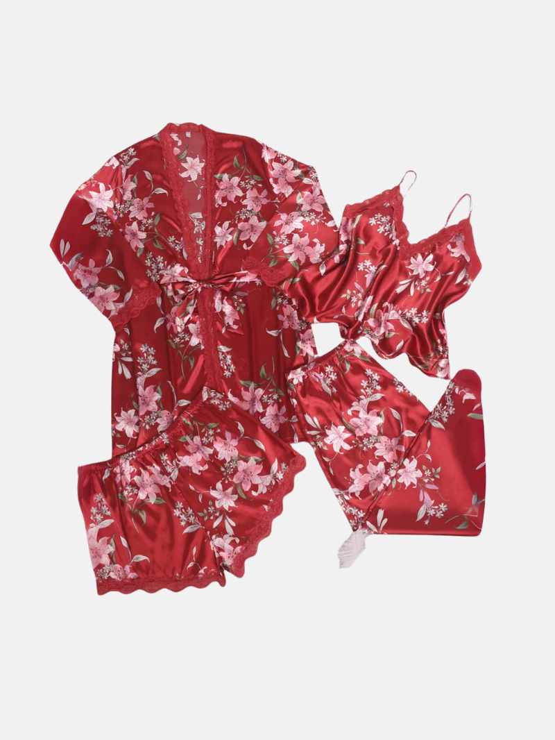Autumn-Winter 4pcs Elegant Printed Silk Contrast Lace Sleepwear Set