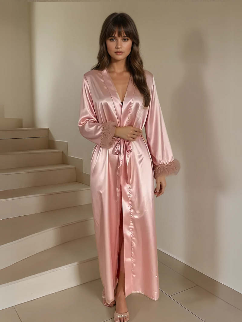 Luxury Satin Lace Trim Robe for Women – Silky Soft Sleepwear Gown with Elegant Cuffs