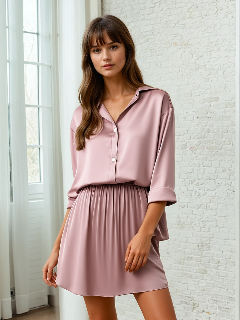 Luxury Satin Pajama Set for Women – 2 Piece Loungewear with Long Sleeve Top and Shorts