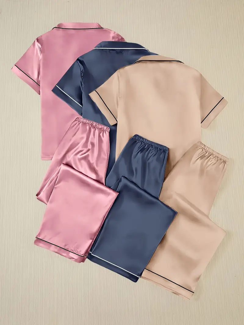 3 Sets Women's Silk Casual Pajama Set, Short Sleeve Buttons Lapel Top & Pants