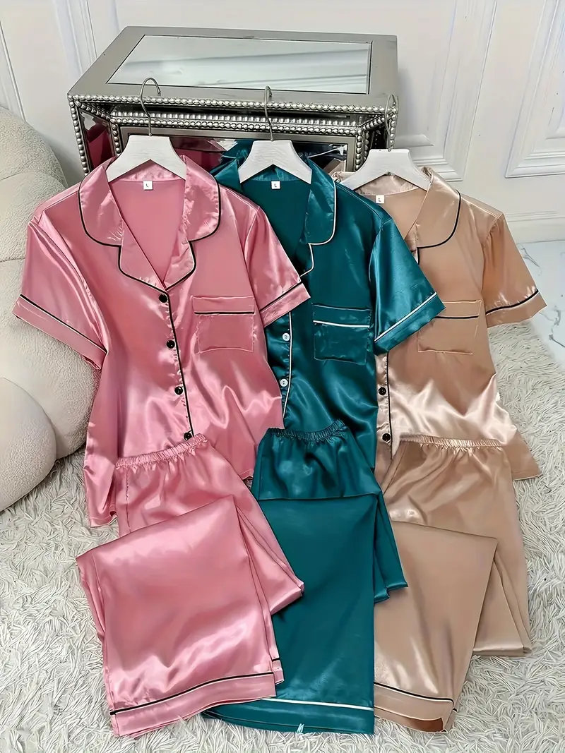 3 Sets Women's Silk Casual Pajama Set, Short Sleeve Buttons Lapel Top & Pants