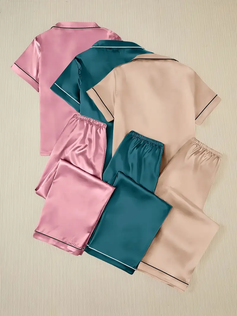 3 Sets Women's Silk Casual Pajama Set, Short Sleeve Buttons Lapel Top & Pants