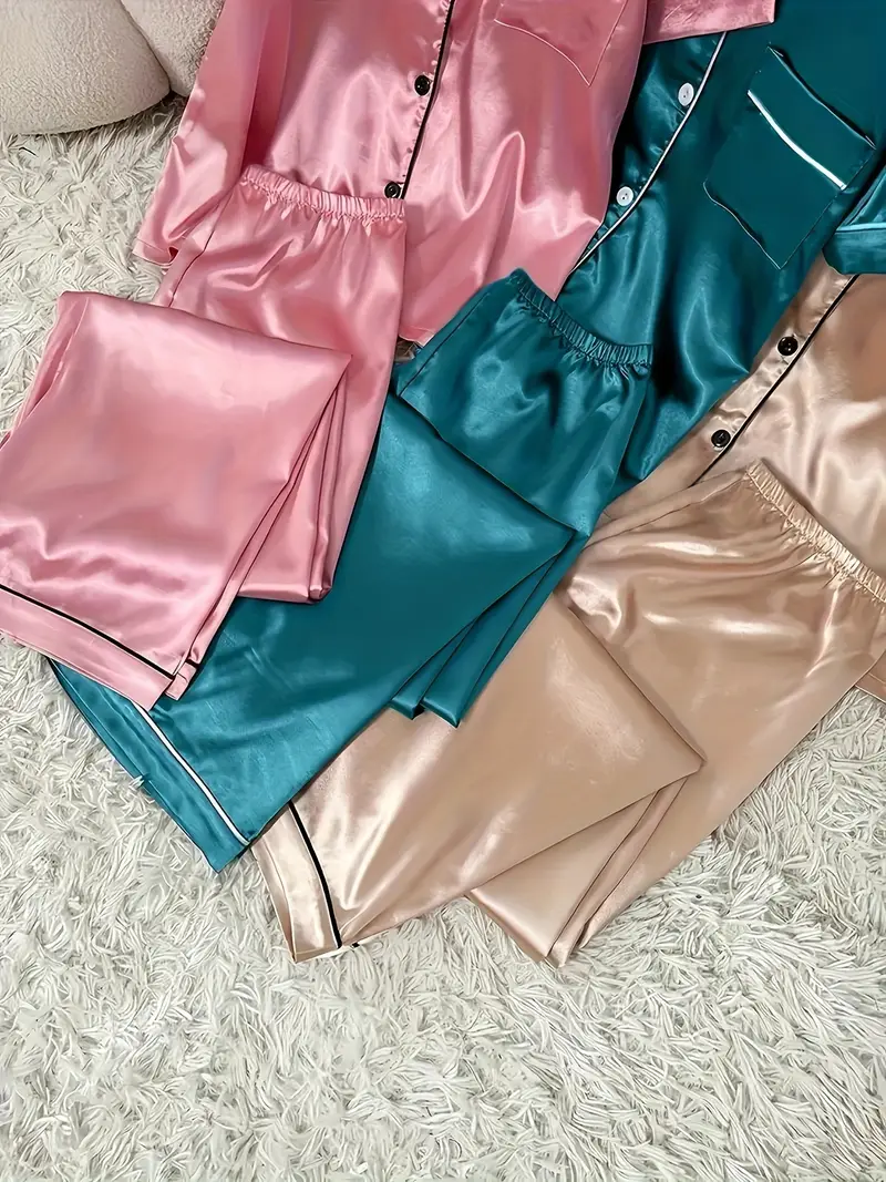 3 Sets Women's Silk Casual Pajama Set, Short Sleeve Buttons Lapel Top & Pants