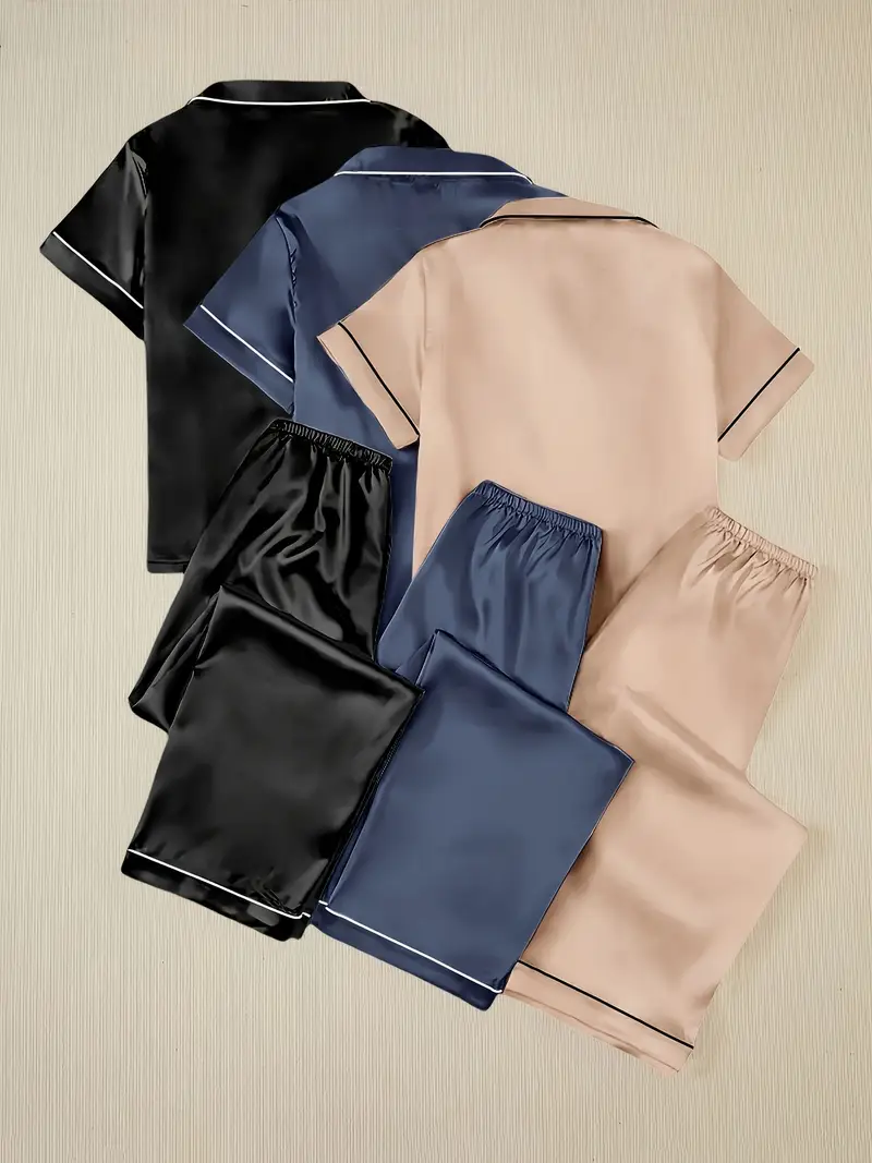 3 Sets Women's Silk Casual Pajama Set, Short Sleeve Buttons Lapel Top & Pants