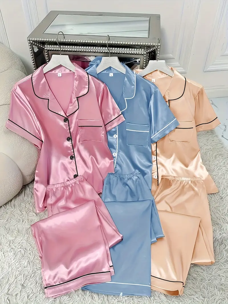 3 Sets Women's Silk Casual Pajama Set, Short Sleeve Buttons Lapel Top & Pants