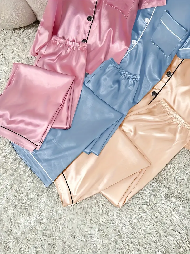 3 Sets Women's Silk Casual Pajama Set, Short Sleeve Buttons Lapel Top & Pants