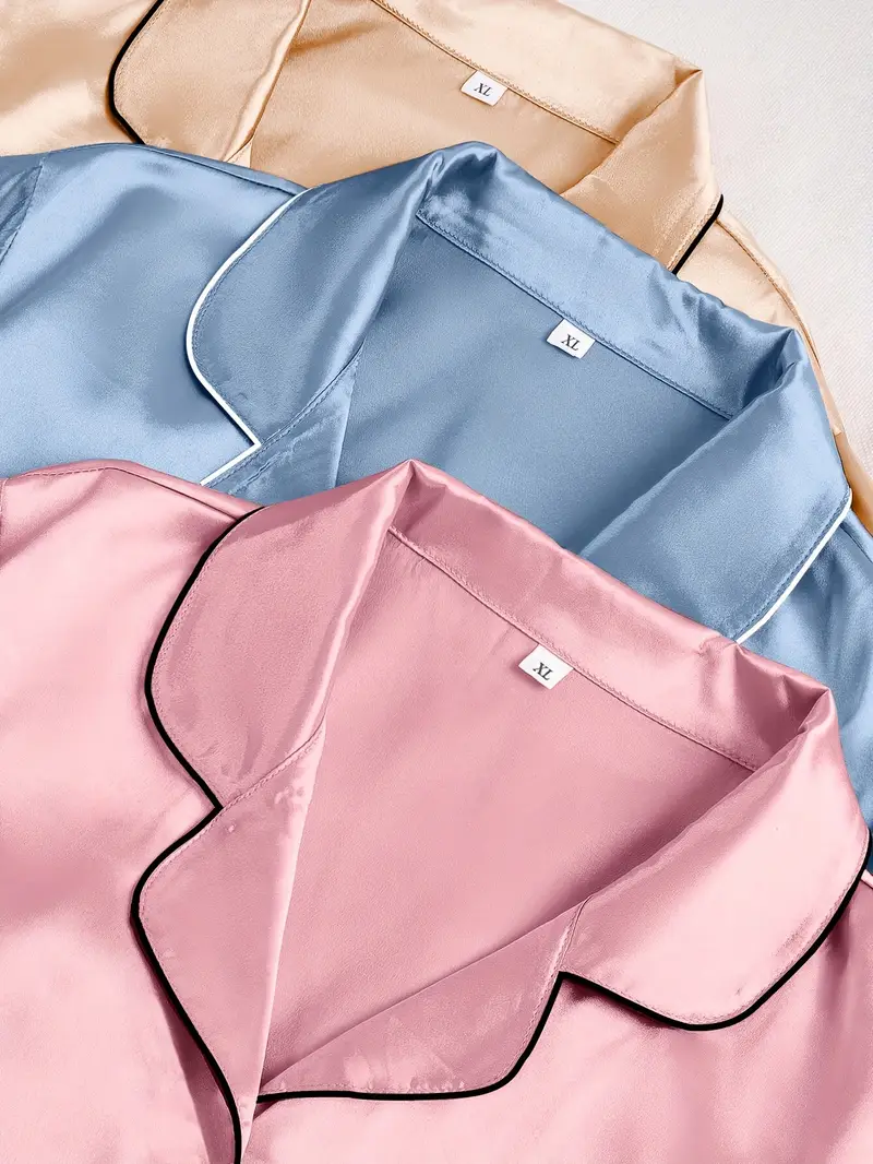 3 Sets Women's Silk Casual Pajama Set, Short Sleeve Buttons Lapel Top & Pants