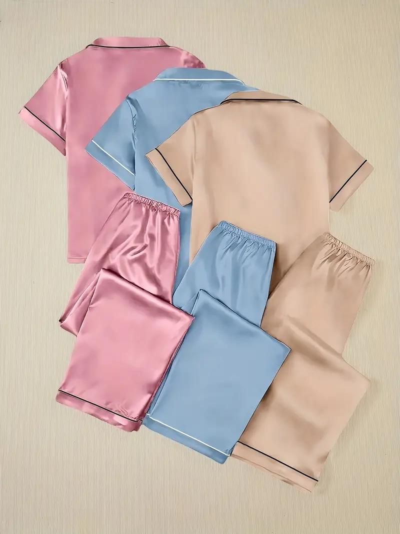 3 Sets Women's Silk Casual Pajama Set, Short Sleeve Buttons Lapel Top & Pants