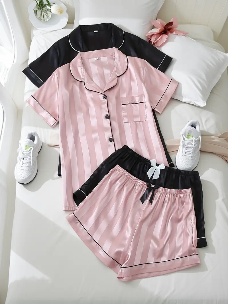 2 Sets Women's Striped Silk Casual Pajama Set Short Sleeve Top & Shorts