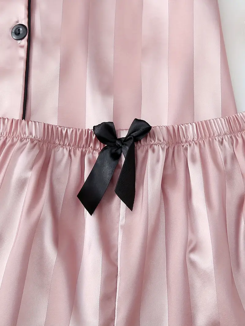 2 Sets Women's Striped Silk Casual Pajama Set Short Sleeve Top & Shorts