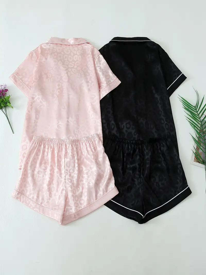 2 Sets Women's Striped Silk Casual Pajama Set Short Sleeve Top & Shorts