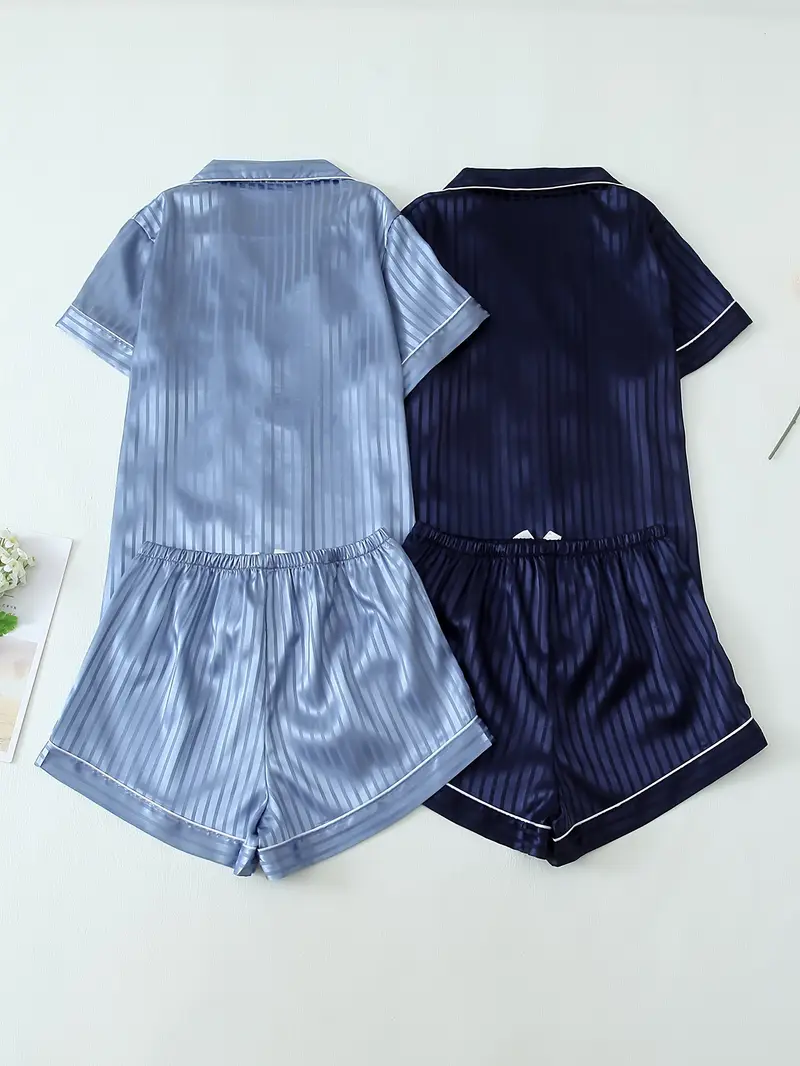 2 Sets Women's Striped Silk Casual Pajama Set Short Sleeve Top & Shorts