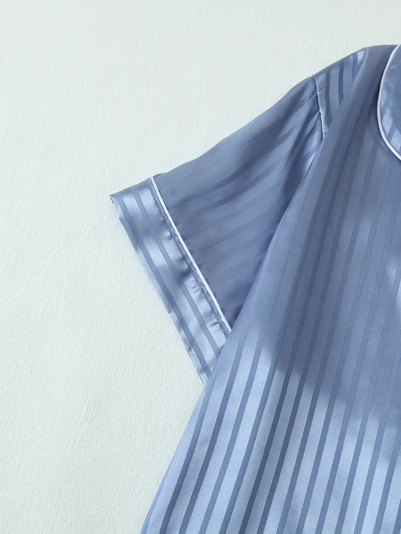 2 Sets Women's Striped Silk Casual Pajama Set Short Sleeve Top & Shorts