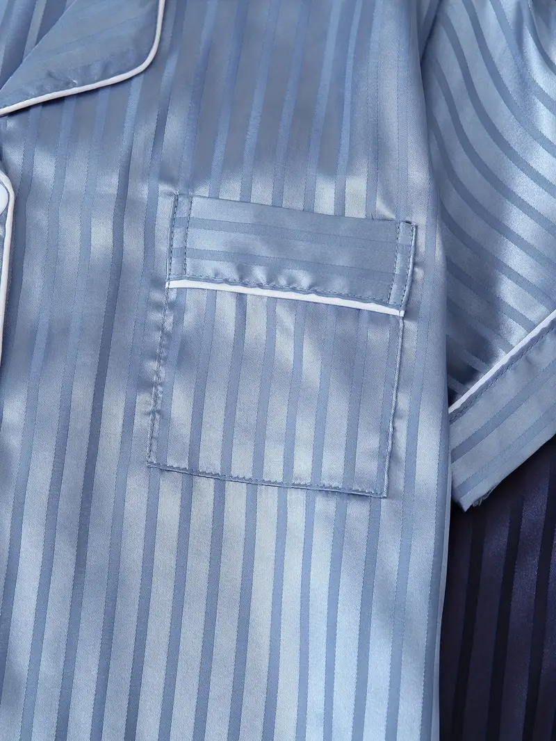 2 Sets Women's Striped Silk Casual Pajama Set Short Sleeve Top & Shorts