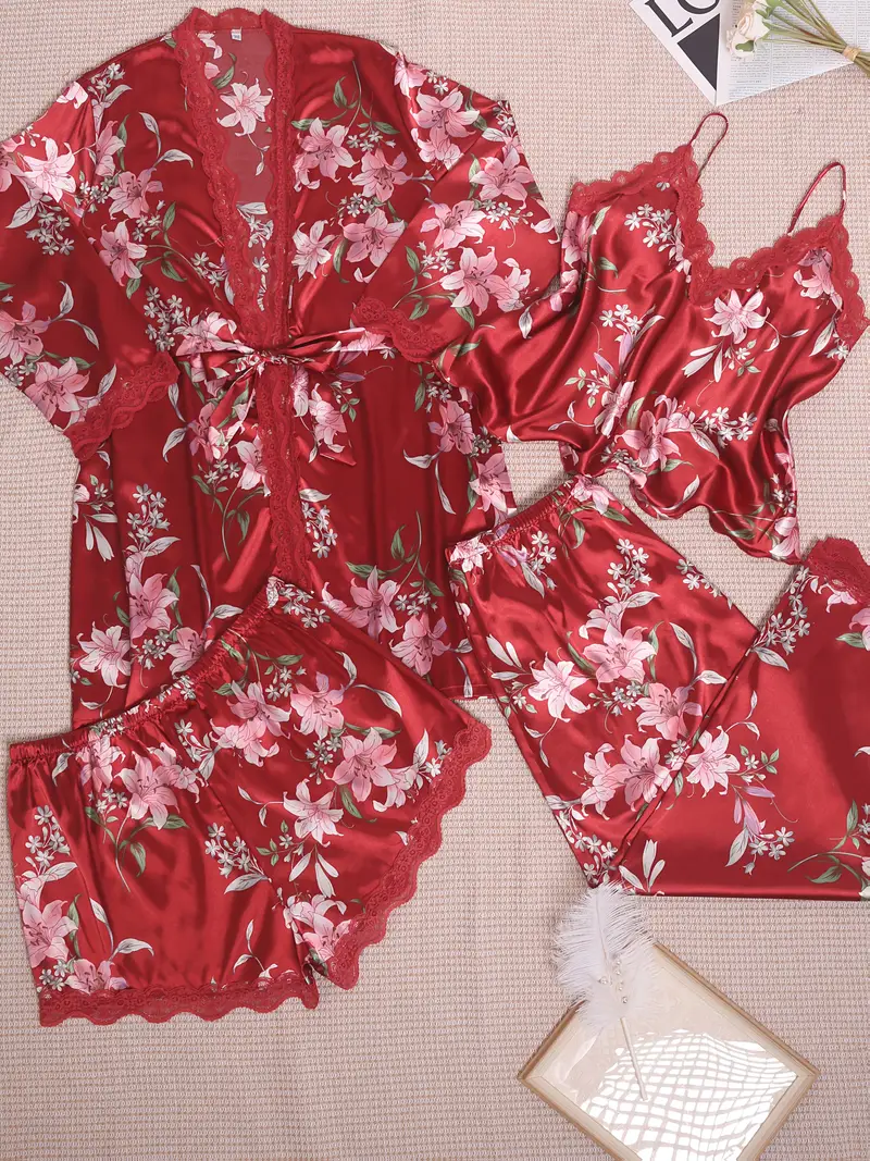Autumn-Winter 4pcs Elegant Printed Silk Contrast Lace Sleepwear Set