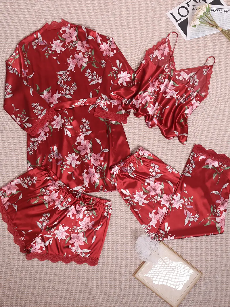 Autumn-Winter 4pcs Elegant Printed Silk Contrast Lace Sleepwear Set