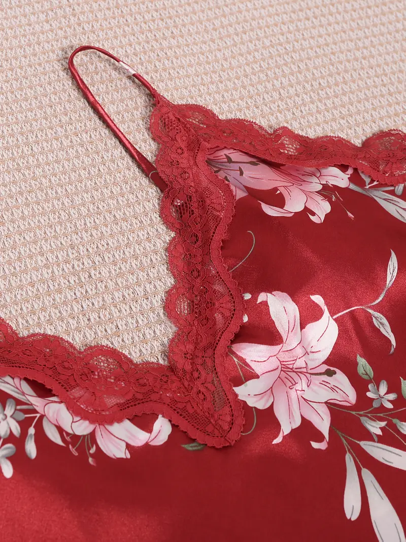 Autumn-Winter 4pcs Elegant Printed Silk Contrast Lace Sleepwear Set