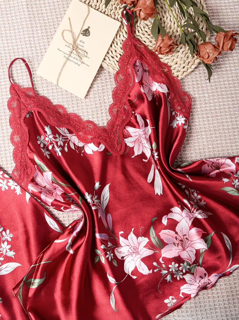 Autumn-Winter 4pcs Elegant Printed Silk Contrast Lace Sleepwear Set