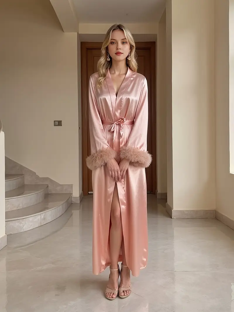 Luxury Satin Lace Trim Robe for Women – Silky Soft Sleepwear Gown with Elegant Cuffs