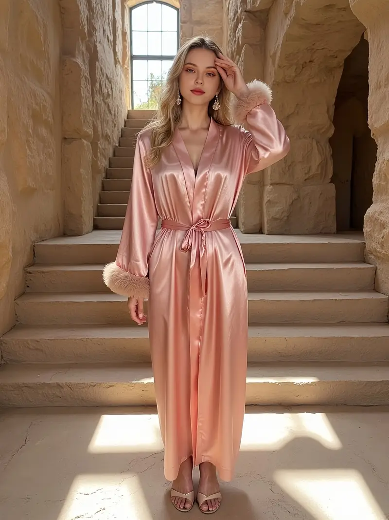 Luxury Satin Lace Trim Robe for Women – Silky Soft Sleepwear Gown with Elegant Cuffs