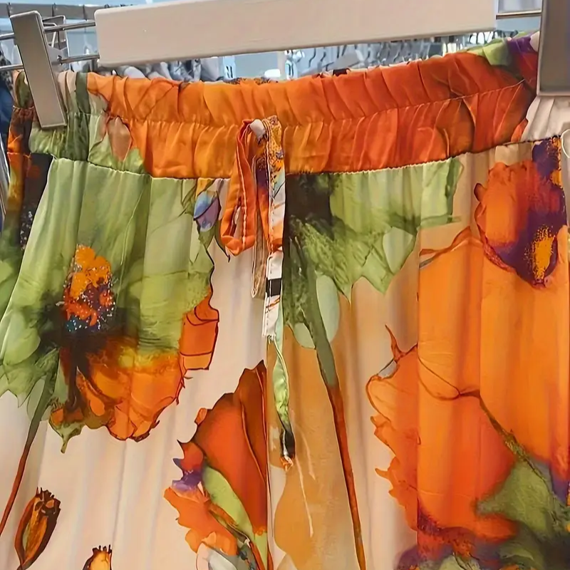 Women's Satin Two-Piece Set – Elegant Floral Top with Wide-Leg Pants for Casual Chic Style