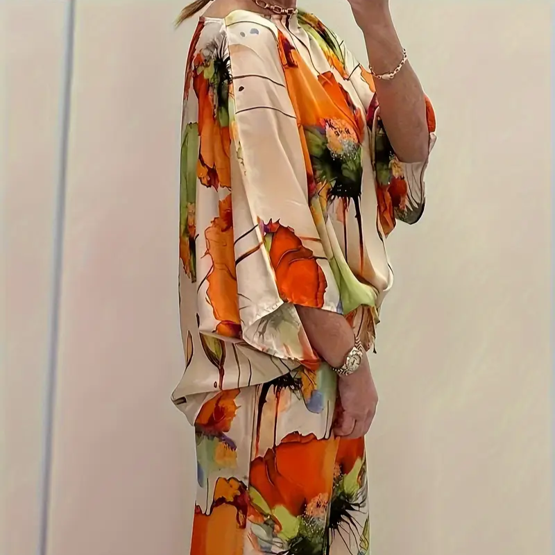 Women's Satin Two-Piece Set – Elegant Floral Top with Wide-Leg Pants for Casual Chic Style