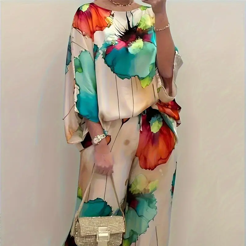 Women's Satin Two-Piece Set – Elegant Floral Top with Wide-Leg Pants for Casual Chic Style
