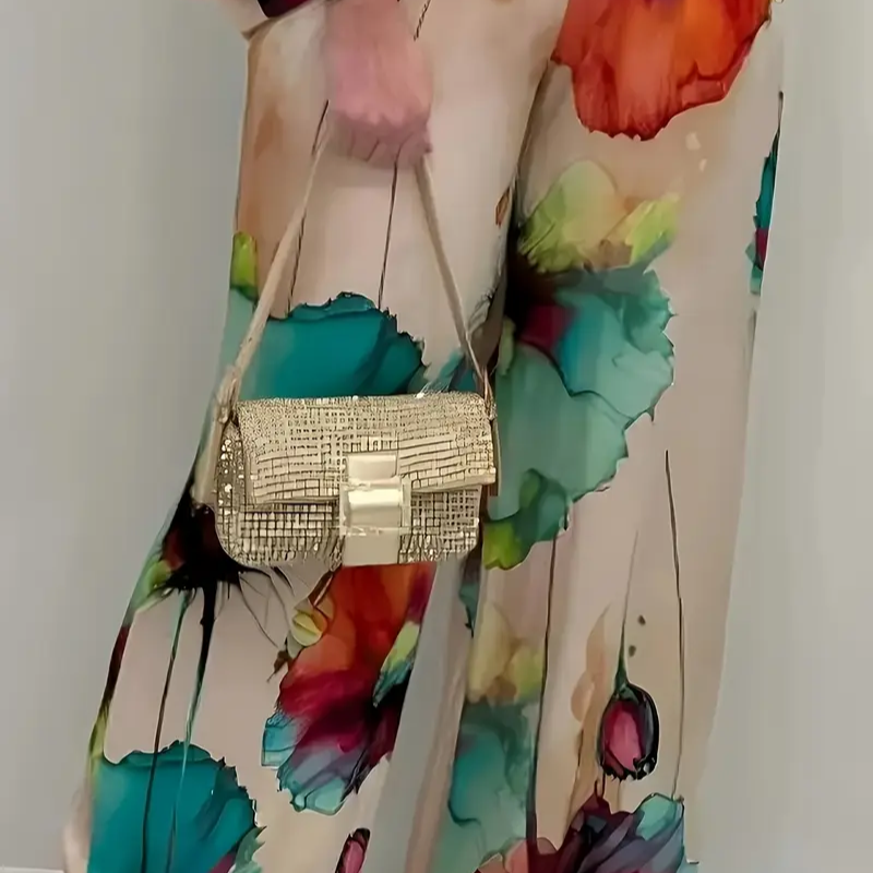 Women's Satin Two-Piece Set – Elegant Floral Top with Wide-Leg Pants for Casual Chic Style