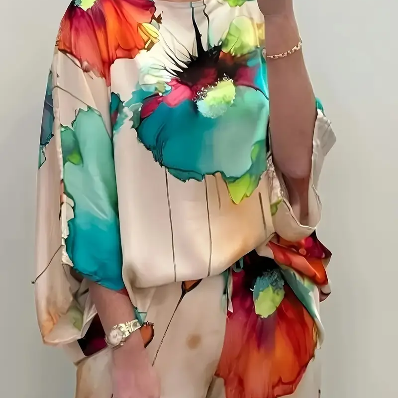 Women's Satin Two-Piece Set – Elegant Floral Top with Wide-Leg Pants for Casual Chic Style