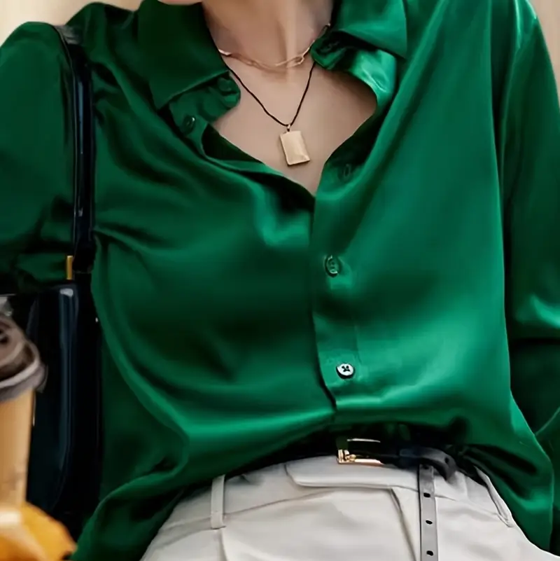 Green Satin Long Sleeve Blouse – Elegant Women’s Shirt for Spring and Autumn Fashion