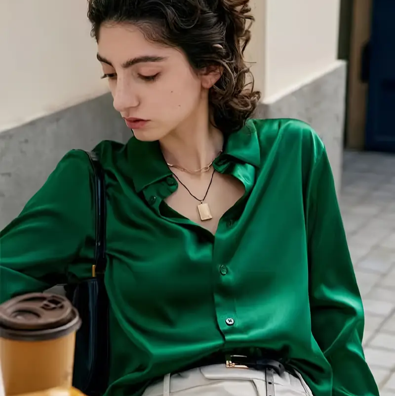 Green Satin Long Sleeve Blouse – Elegant Women’s Shirt for Spring and Autumn Fashion