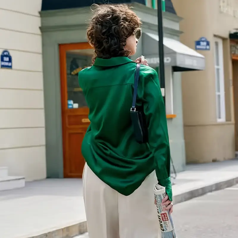 Green Satin Long Sleeve Blouse – Elegant Women’s Shirt for Spring and Autumn Fashion