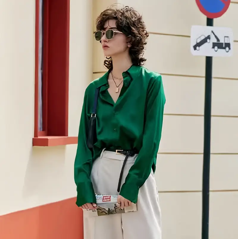 Green Satin Long Sleeve Blouse – Elegant Women’s Shirt for Spring and Autumn Fashion