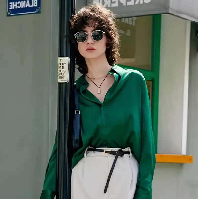 Green Satin Long Sleeve Blouse – Elegant Women’s Shirt for Spring and Autumn Fashion