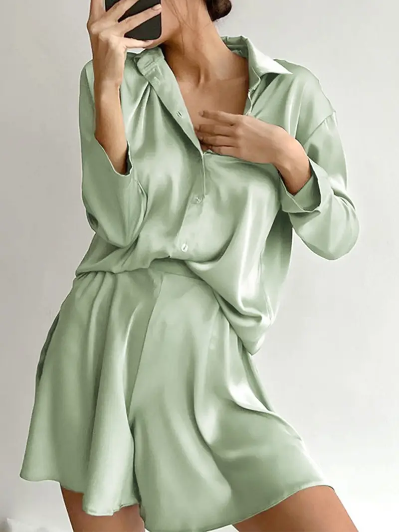 Luxury Satin Pajama Set for Women – 2 Piece Loungewear with Long Sleeve Top and Shorts