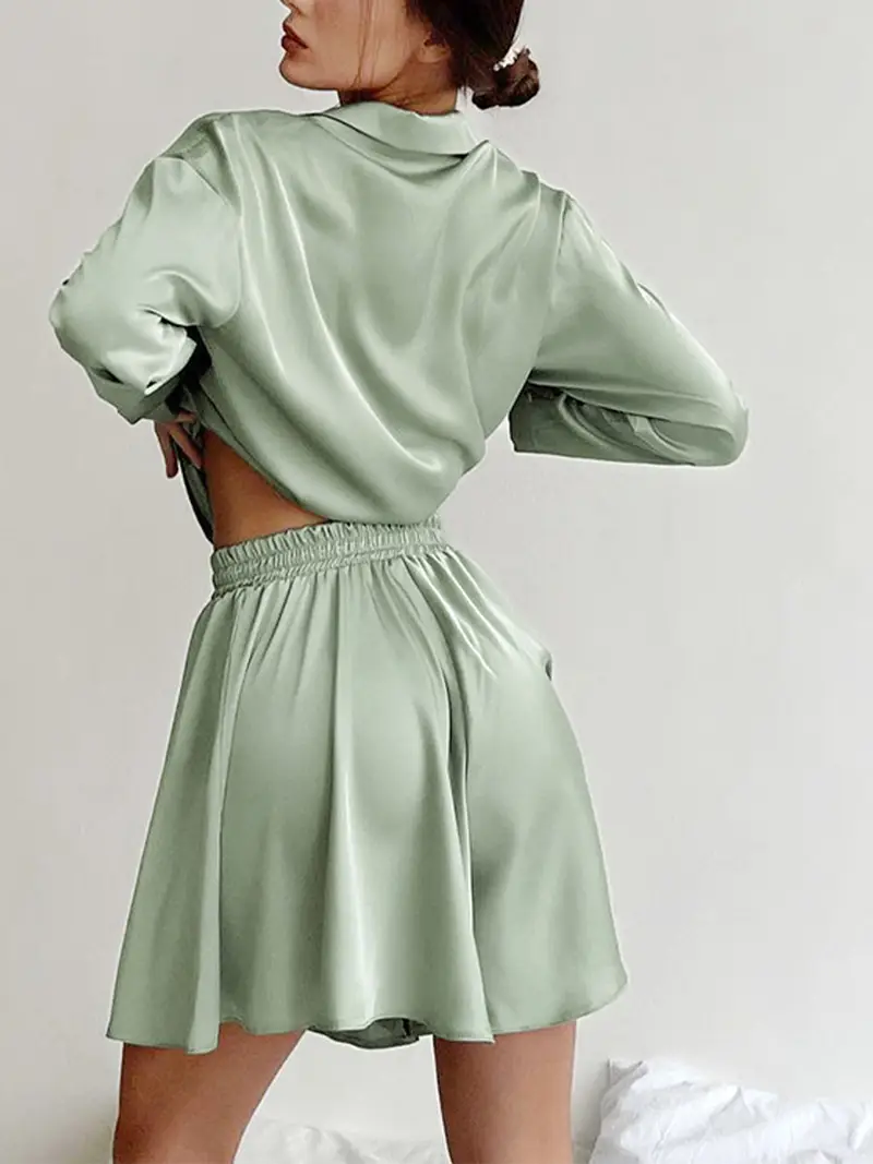 Luxury Satin Pajama Set for Women – 2 Piece Loungewear with Long Sleeve Top and Shorts