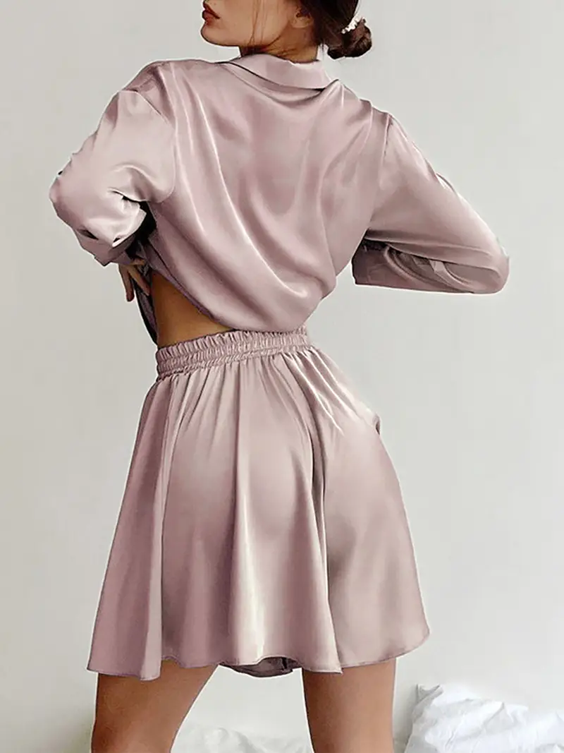 Luxury Satin Pajama Set for Women – 2 Piece Loungewear with Long Sleeve Top and Shorts