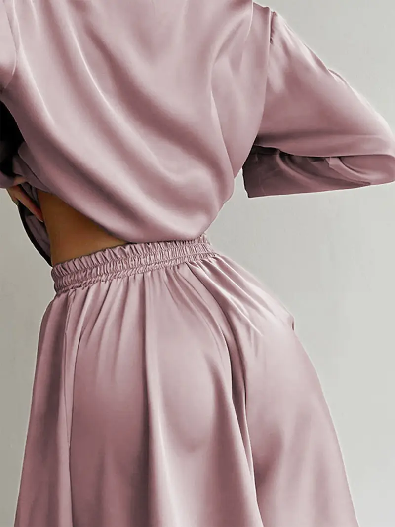 Luxury Satin Pajama Set for Women – 2 Piece Loungewear with Long Sleeve Top and Shorts